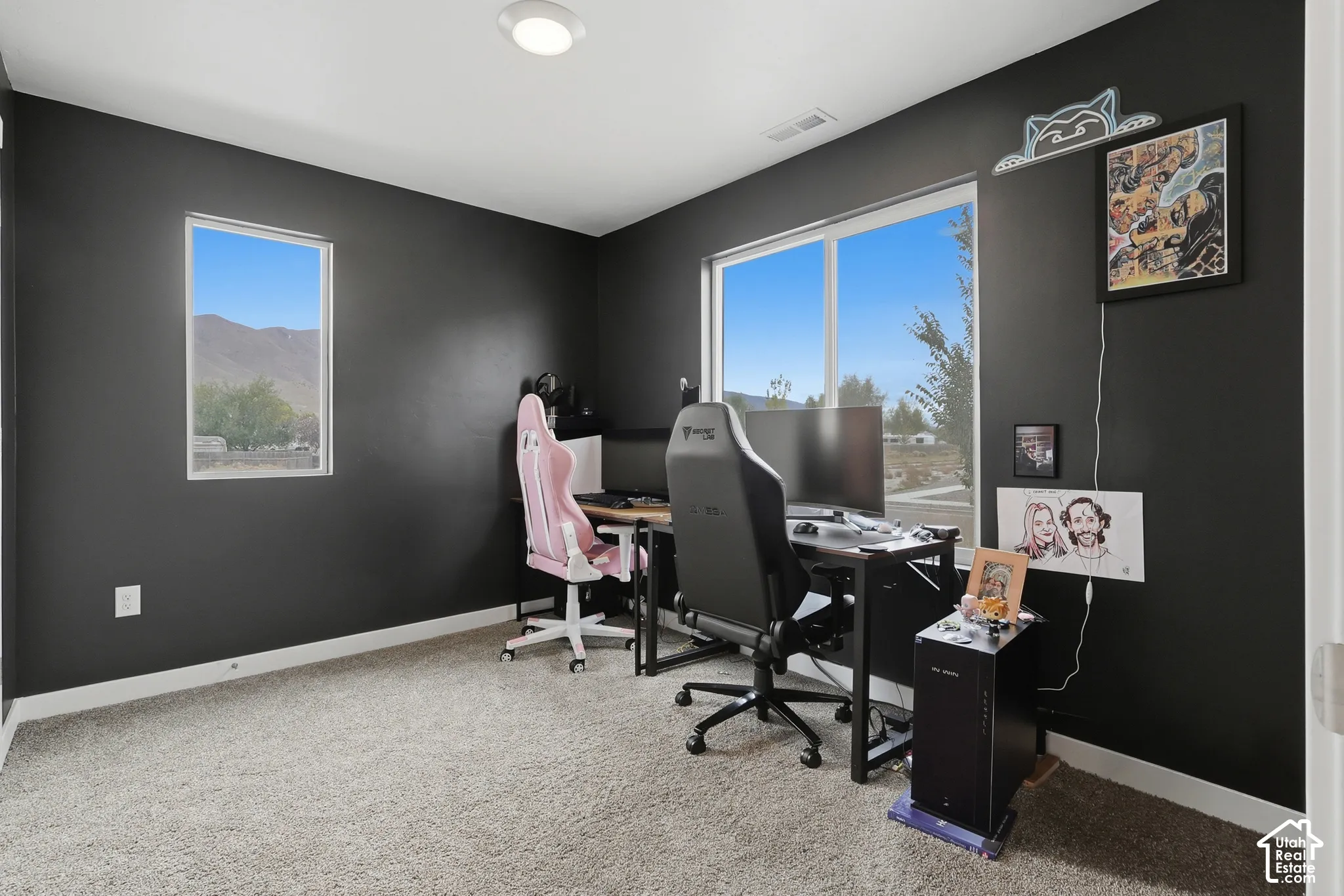 Neutral-toned interior space featuring dark-pigmented walls, dual-pane windows with mountain scenery, and carpeted flooring