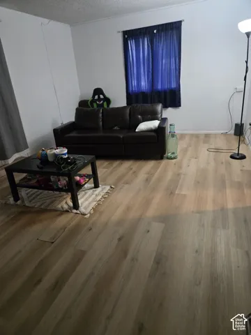 Interior space featuring wood-finish flooring and neutral wall color