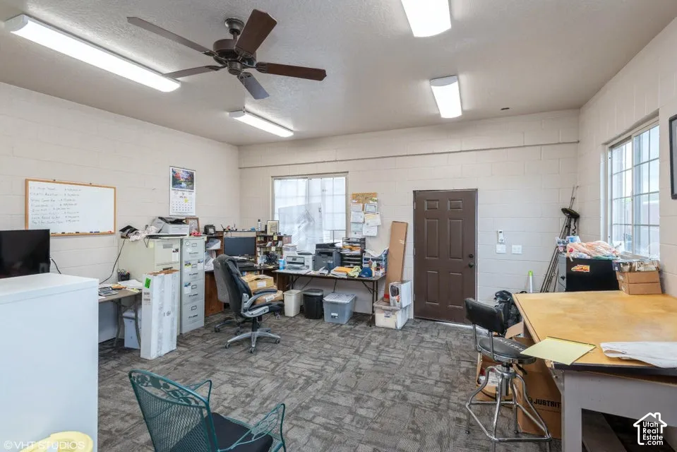 Interior space featuring block walls, multi-directional ceiling lighting, a dedicated ceiling fan, patterned carpeting, and metal-frame window fixtures