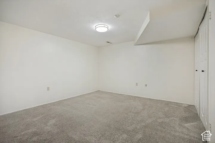 Neutral interior room featuring plush carpeting, a circular flush-mount ceiling light fixture, and double-panel closet doors