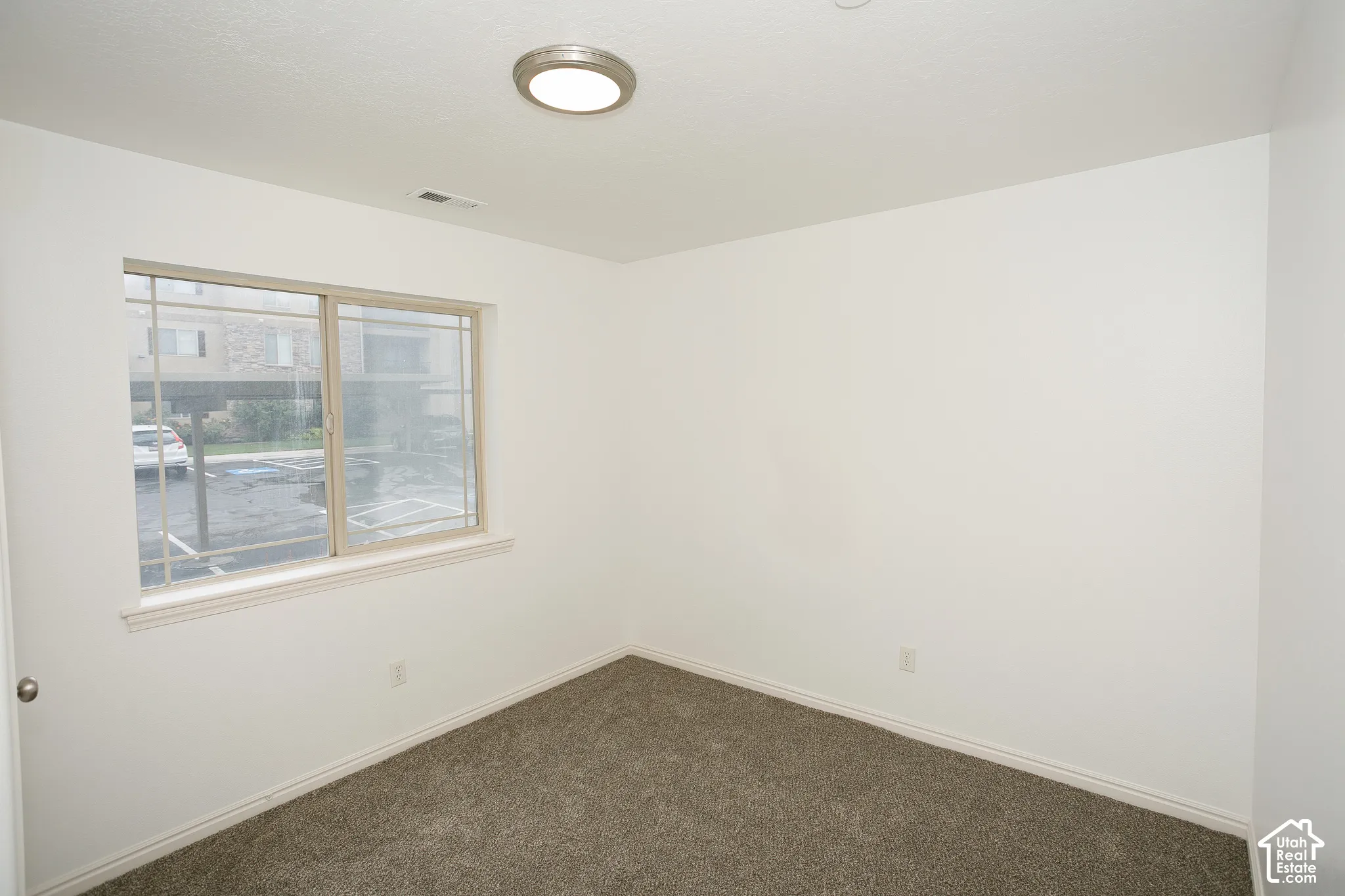 Neutral interior space featuring wall-to-wall carpeting, a large sliding window with muntins, and a flush-mount circular ceiling fixture