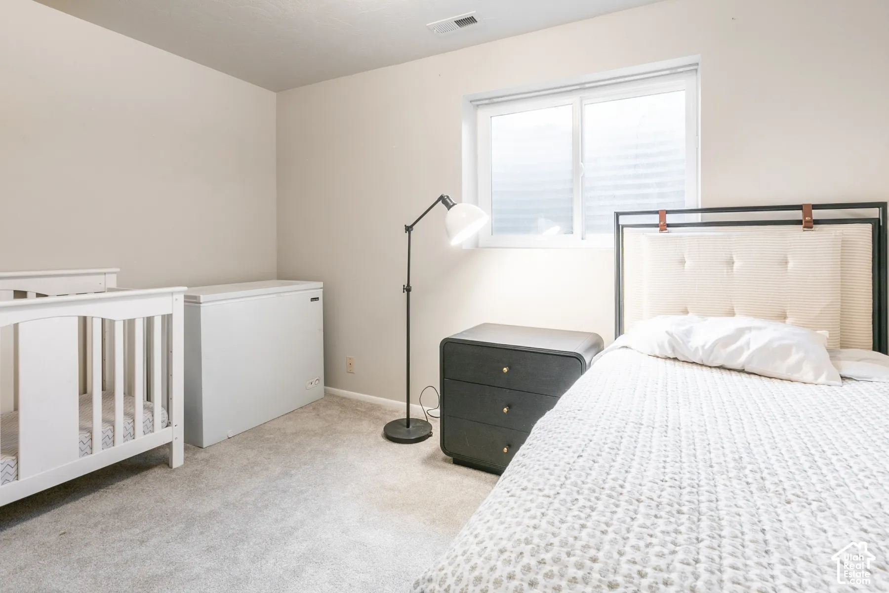 Neutral-toned interior featuring wall-to-wall carpeting and a sliding window with an external window well