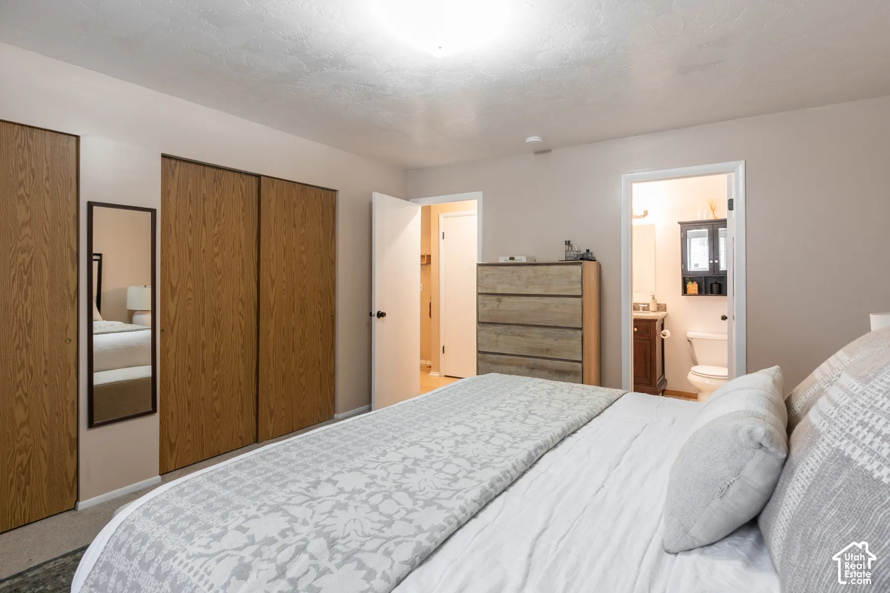 Neutral interior featuring wood-finish sliding closet doors, flush-mount ceiling lighting, and carpeting