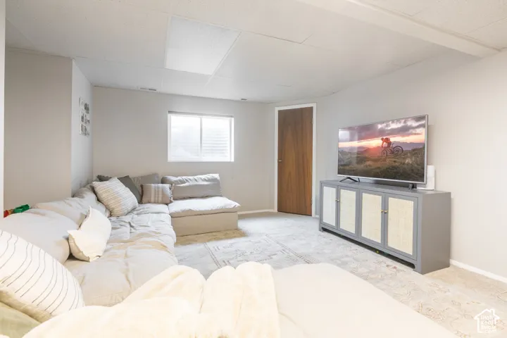 Neutral-toned interior space featuring light-colored wall-to-wall carpeting, a rectangular window with a white frame, a wood-finish interior door, and a textured drop ceiling