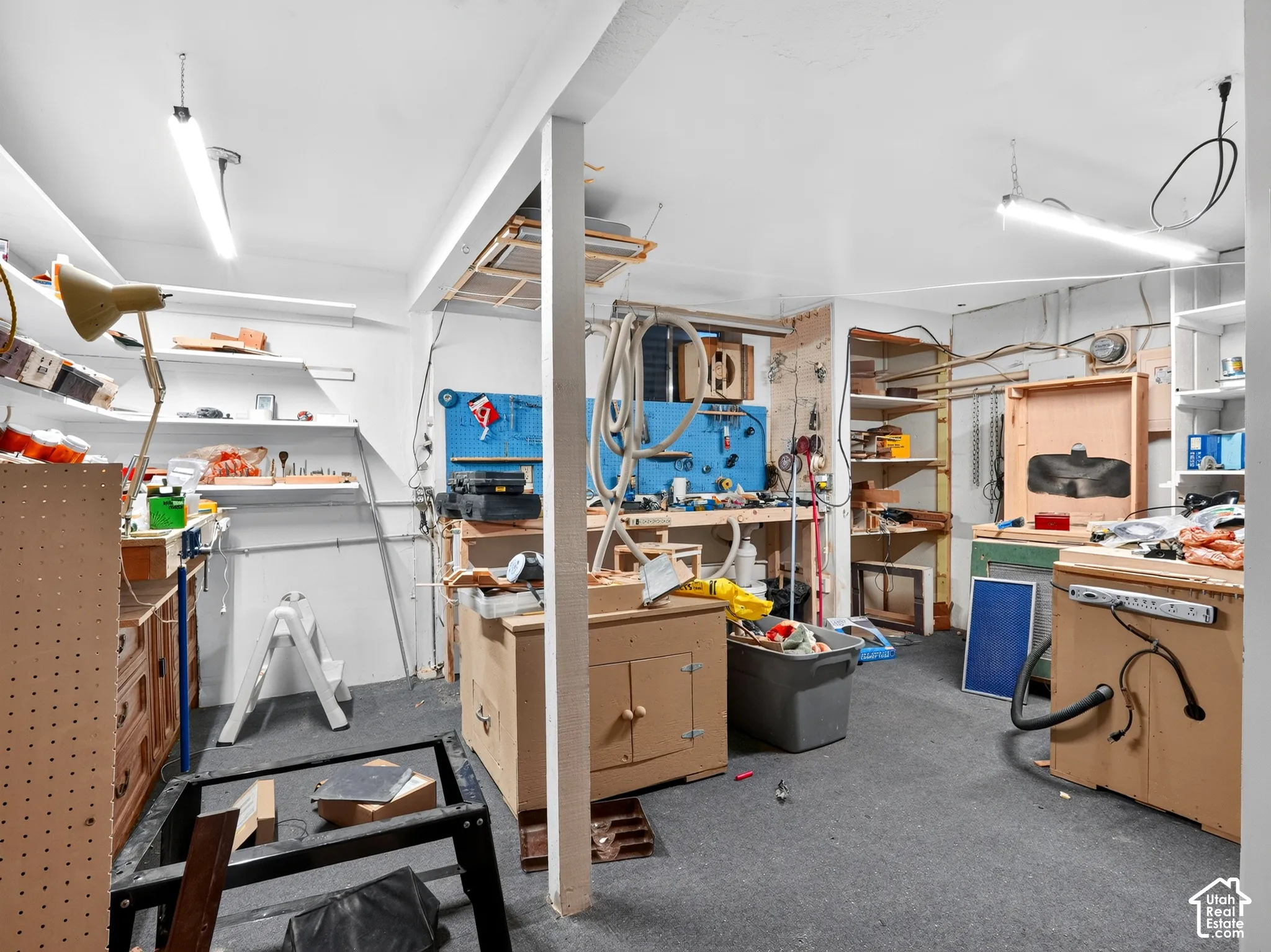 Dedicated workshop area featuring built-in cabinetry, overhead linear fluorescent lighting, open shelving, and wall-mounted pegboard organization systems