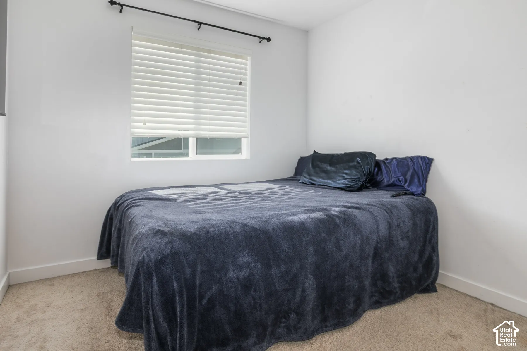 Neutral wall finishes, plush carpeting, a window with horizontal blinds, and a mounted curtain rod