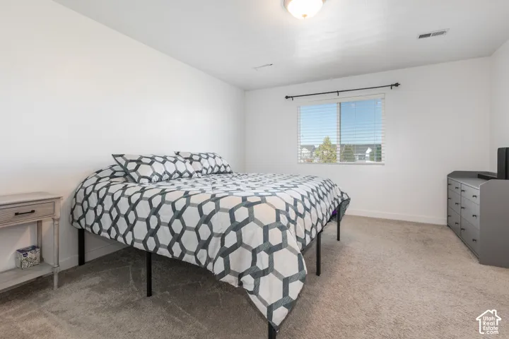 Neutral-toned carpeting, crisp white wall finish, window with integrated blinds, and a flush-mount overhead light fixture