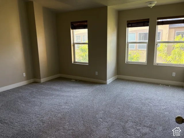 Neutral-toned interior featuring wall-to-wall carpeting, three windows with wooden roller shades, and a flush-mount ceiling light fixture