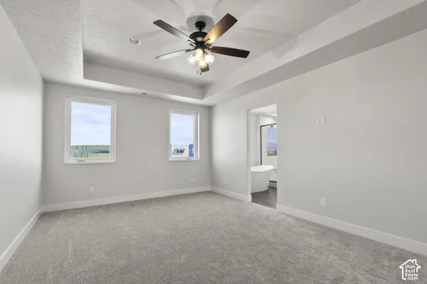 Room featuring a tray ceiling, wall-to-wall carpeting, and a central ceiling fan with multi-light fixture