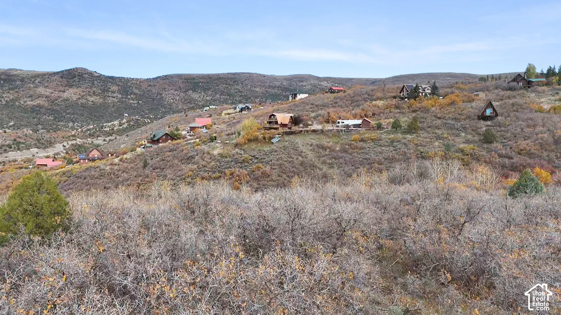Expansive hillside terrain featuring native scrub oak, mature evergreen trees, and prominent mountain topography