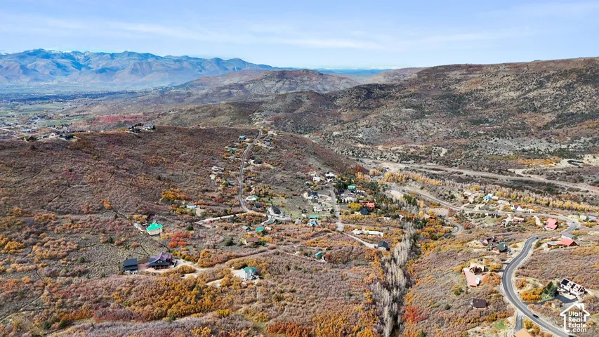 Aerial landscape featuring expansive mountain terrain, diverse native vegetation, and winding topography