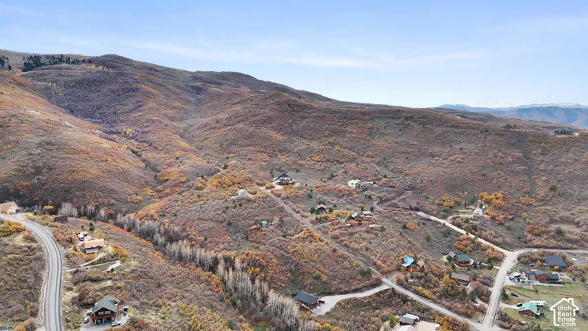 Aerial perspective of mountainous terrain featuring dense natural vegetation and paved access roads