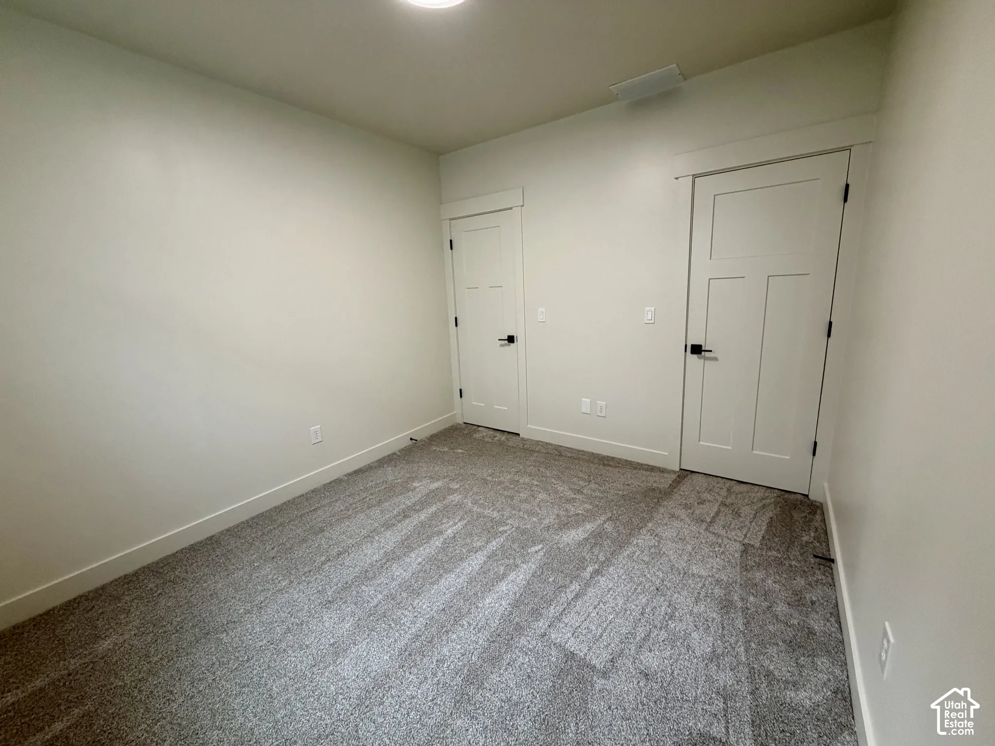 Neutral wall finish, wall-to-wall carpeting, two three-panel interior doors, and matte black lever hardware