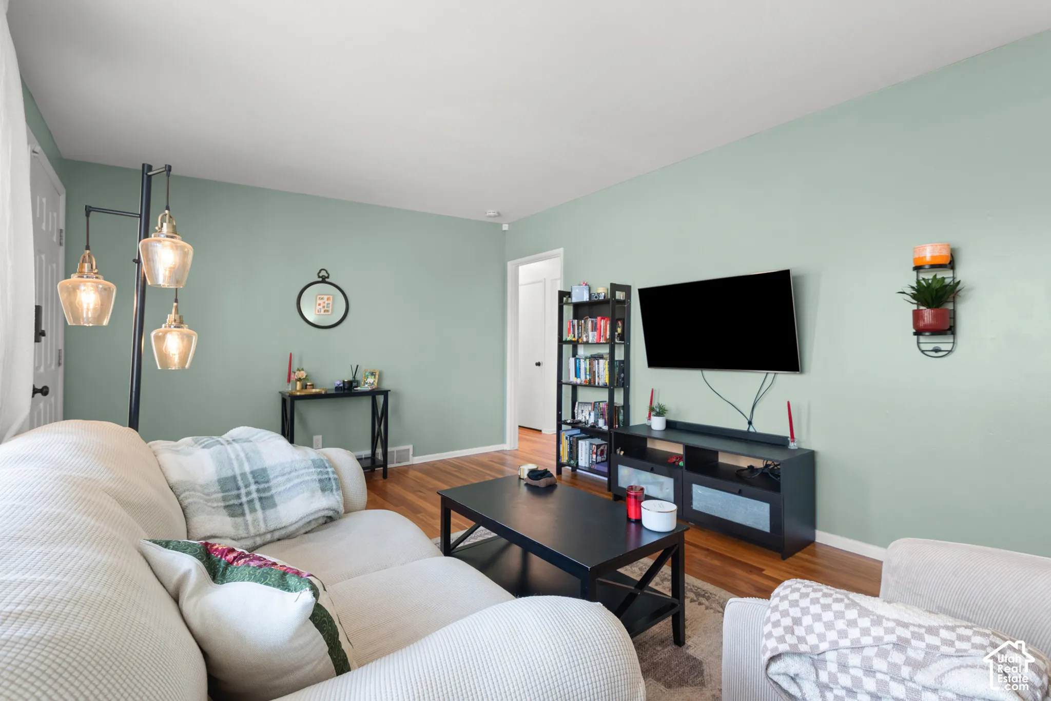 Room featuring wood-finish flooring and solid-color painted walls