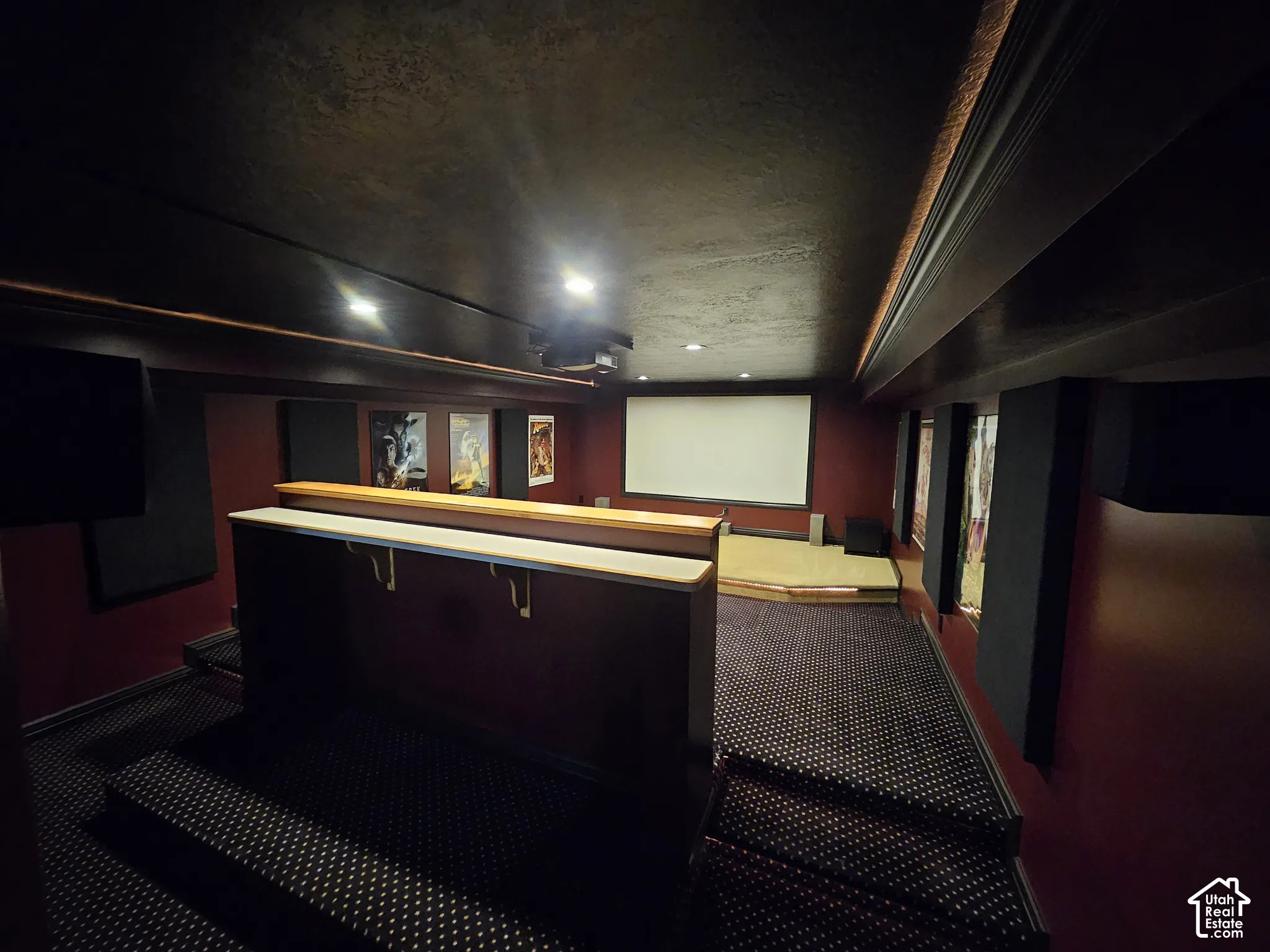 Tiered seating area featuring a built-in counter, integrated ceiling lighting, fixed wall-mounted acoustic panels, and a projection screen