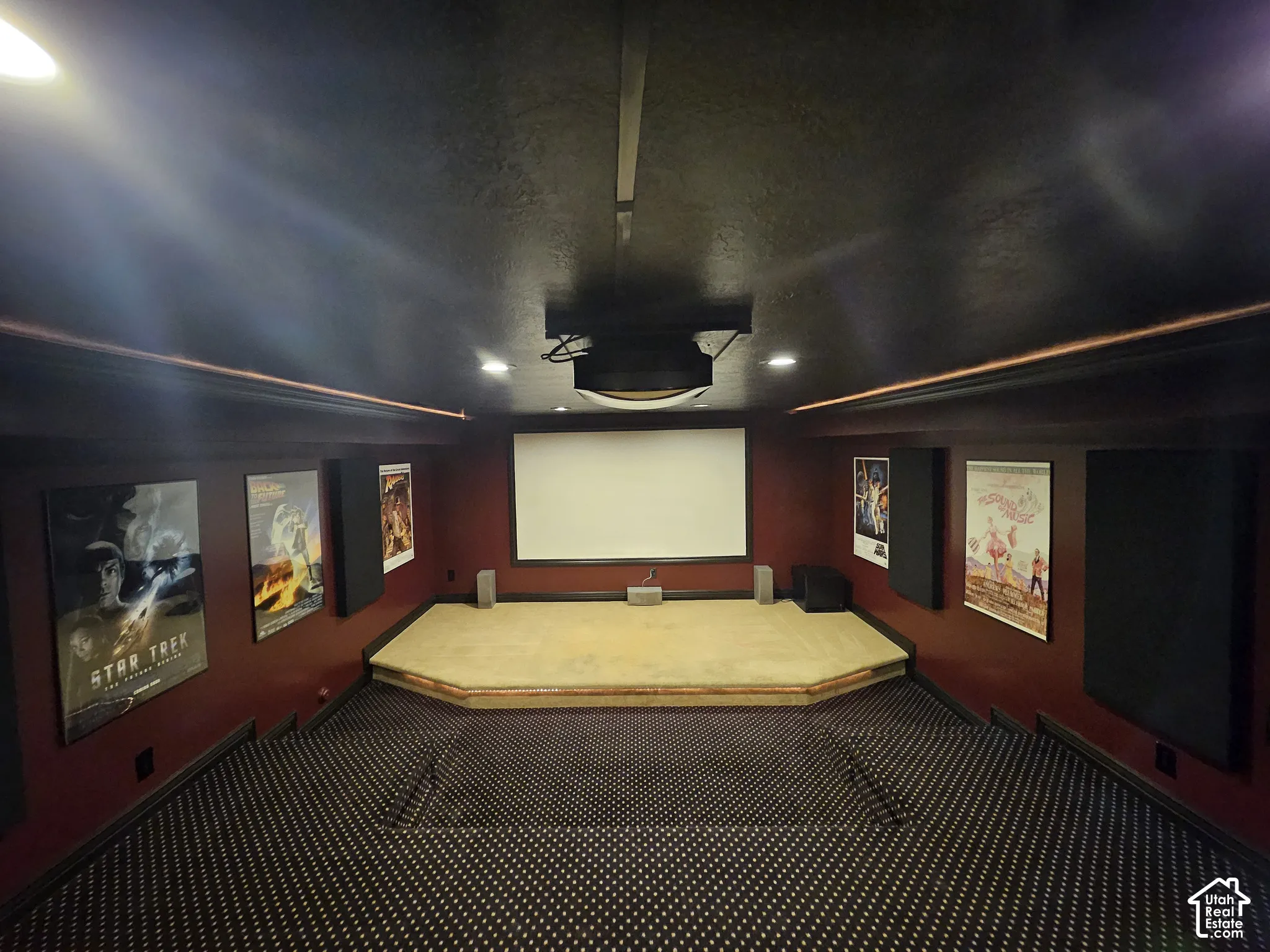 Dedicated media room featuring a raised carpeted platform, recessed ceiling lighting, cove accent lighting, and perimeter wall-mounted acoustic panels