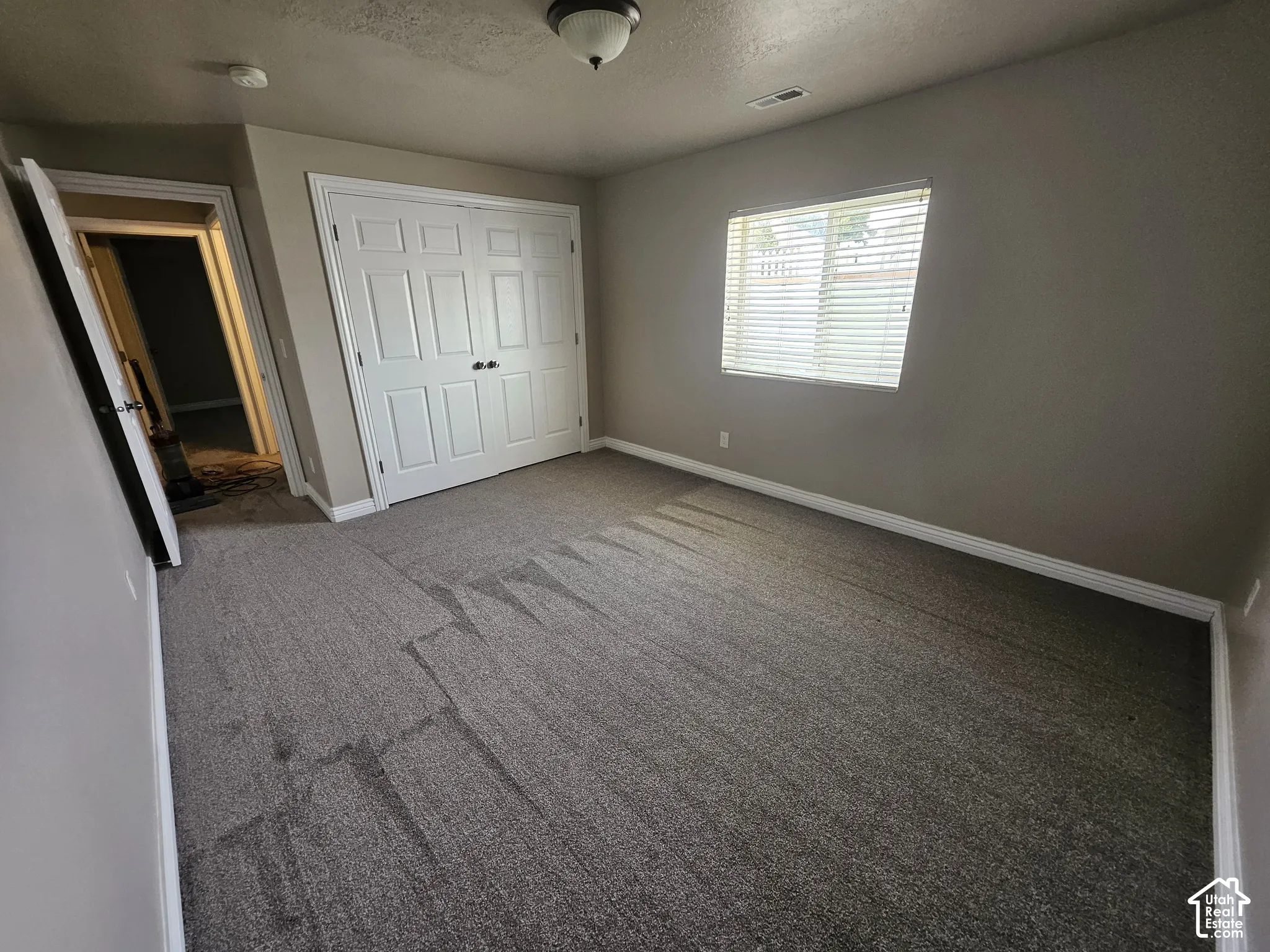 Neutral interior featuring textured carpet flooring, double-panel closet doors, and a flush-mount ceiling light fixture