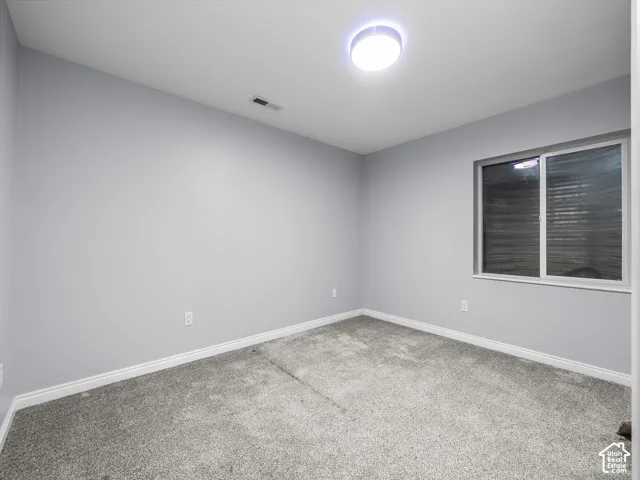 Neutral-toned interior space featuring light gray walls, wall-to-wall carpeting, a sliding window with a window well, and a flush-mount overhead light fixture