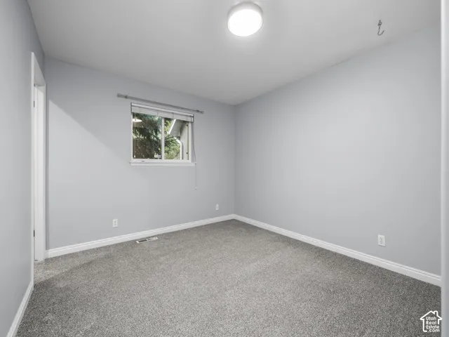 Interior room featuring neutral-toned carpeting, light gray wall paint, and a sliding window with a metal rod fixture, illuminated by a flush-mount ceiling light