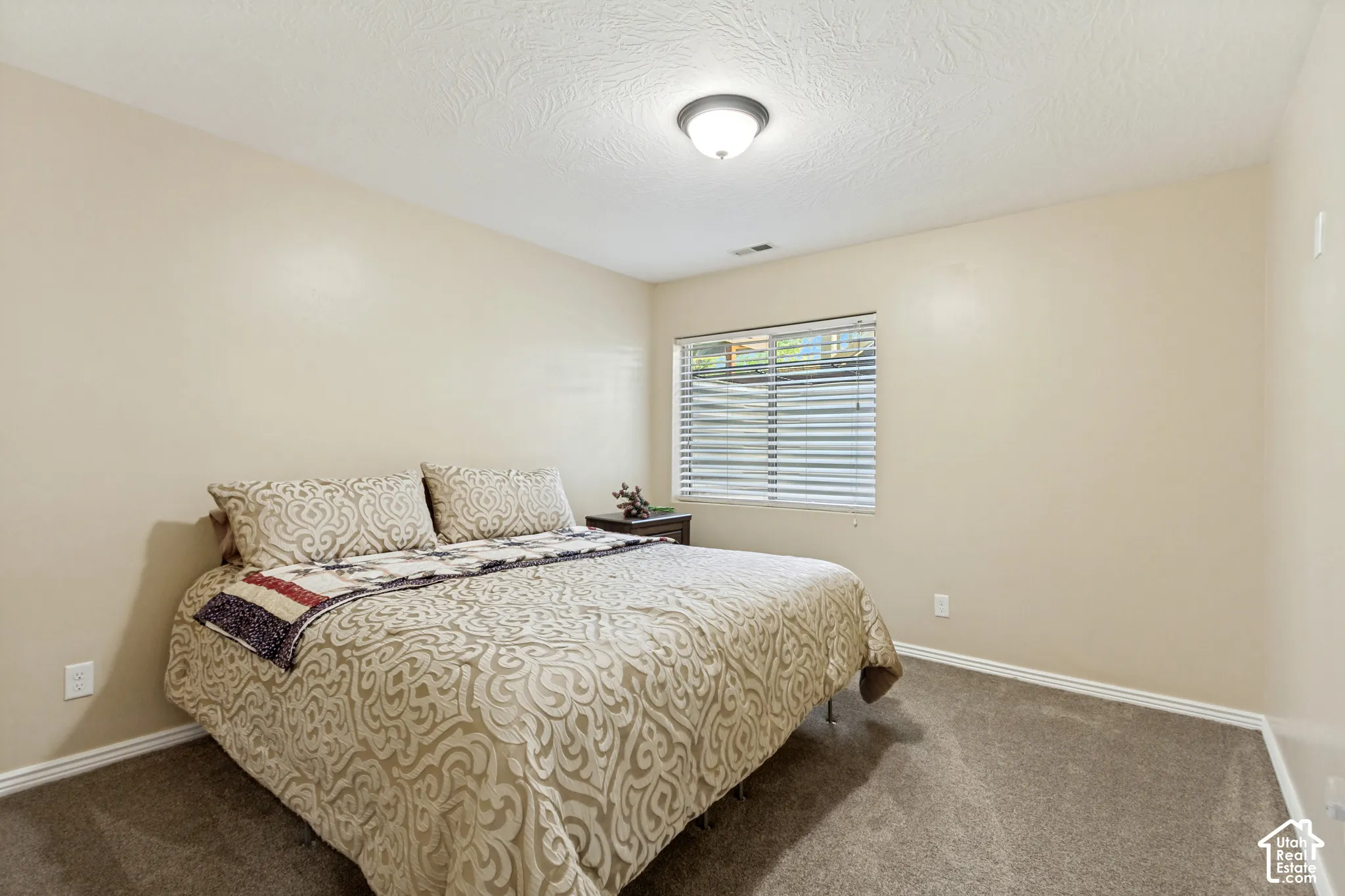 Neutral wall tones, wall-to-wall carpeting, window with horizontal blinds, and a flush-mount ceiling light fixture