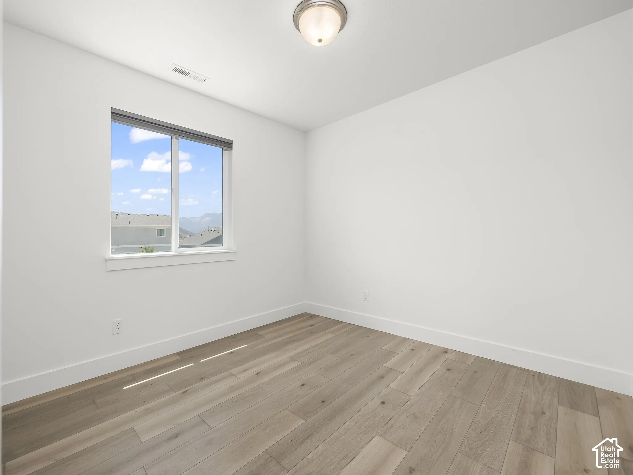 Neutral-toned room featuring wood-finish flooring, a flush-mount ceiling light fixture, and a single-pane window with mountain scenery
