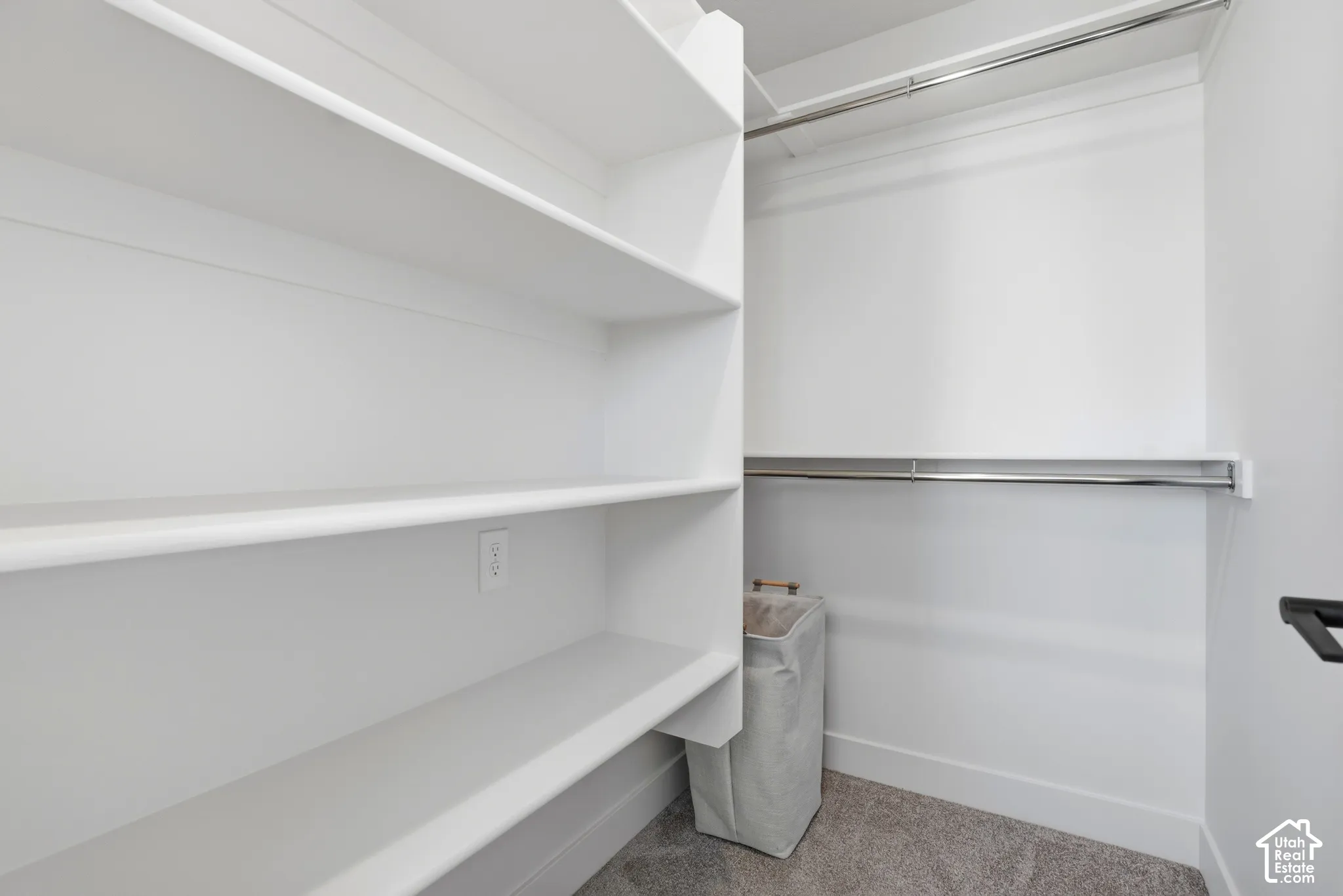 Built-in white shelving, chrome hanging rods, and light gray carpeting