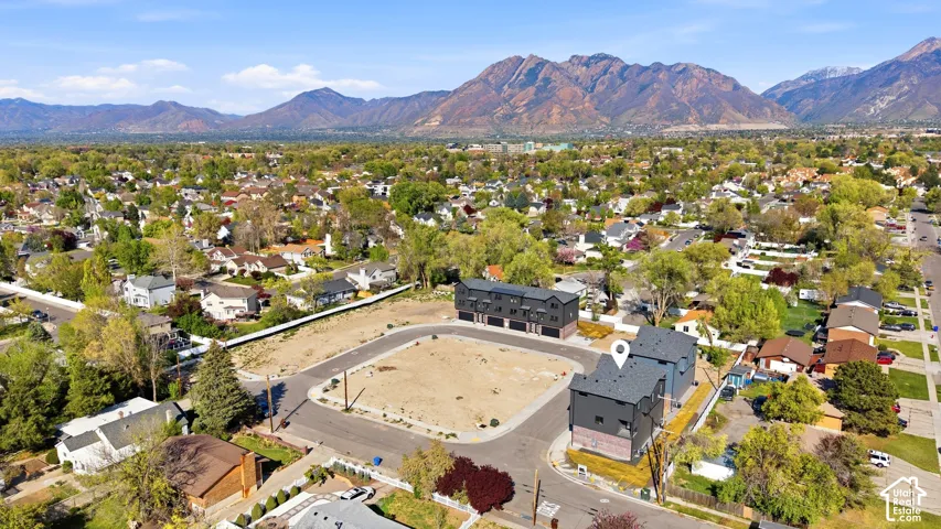 Mountain backdrop, residential setting, established tree canopy, newly constructed townhome-style residences, paved roadways