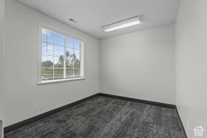Neutral-toned interior space featuring textured carpet flooring, high-contrast dark trim, and a large sliding window with horizontal blinds