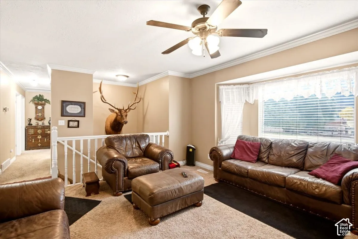 Living space featuring a bay window, ceiling fan with light fixture, carpeted flooring, and a white baluster railing