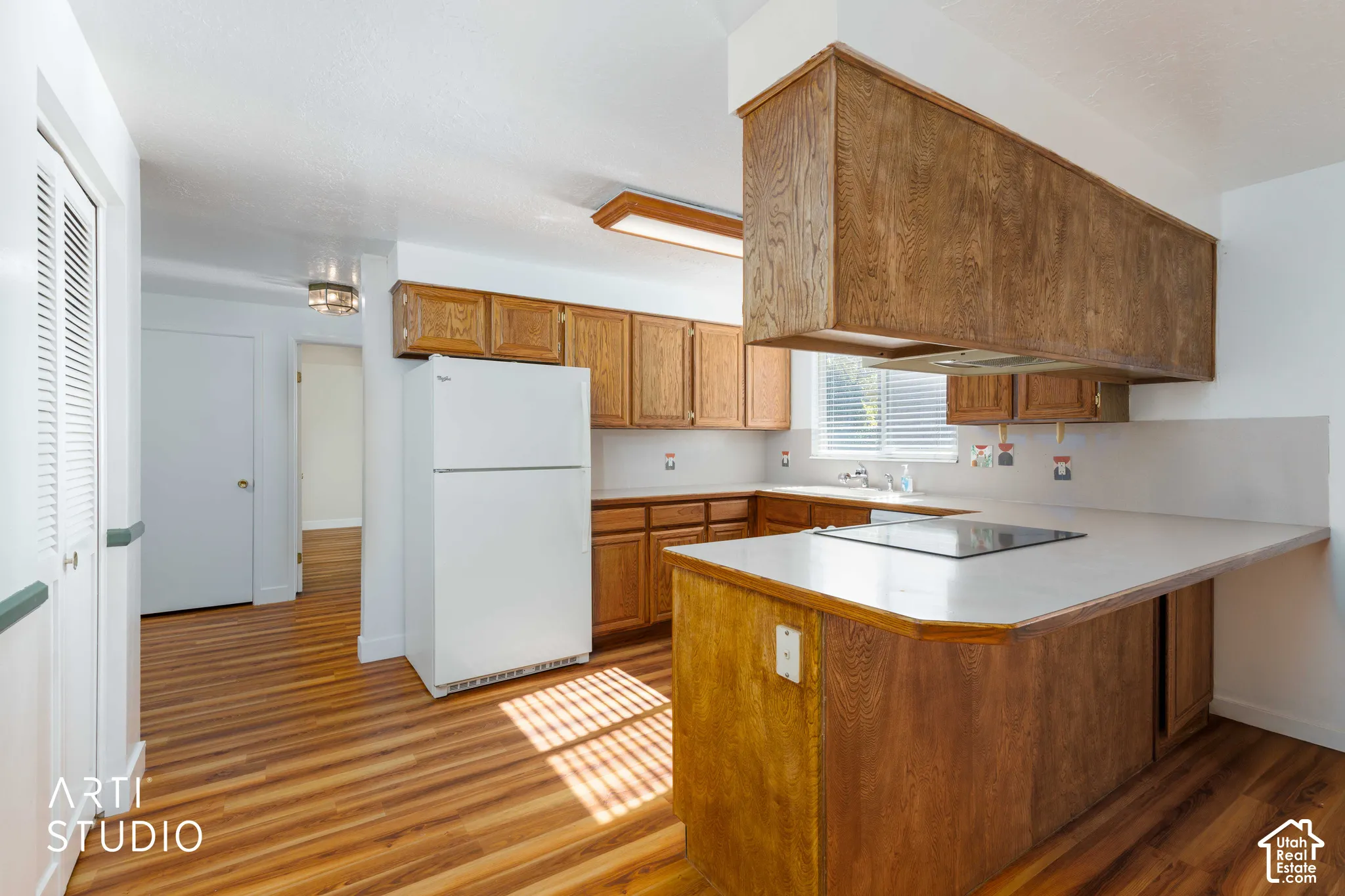 Kitchen featuring wood cabinetry, laminate countertops, a flush-mount ceiling light, and wood-finish flooring