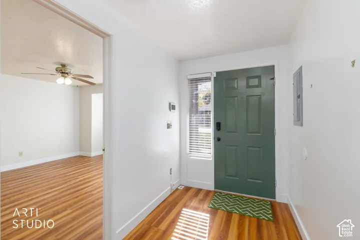 Entryway featuring wood-finish flooring, a solid-paneled door with sidelight window, and ceiling-mounted light fixture