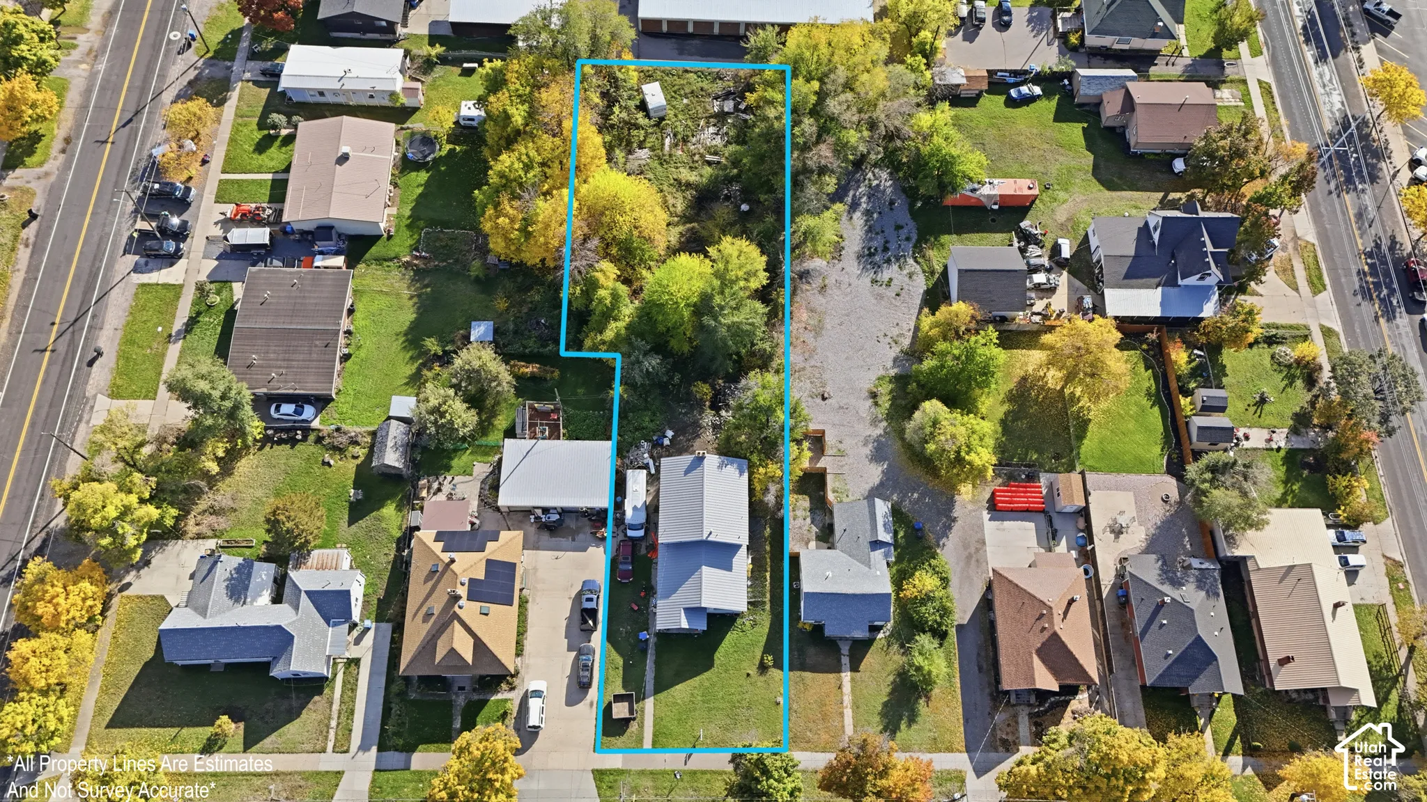 Aerial perspective of a deep lot featuring mature trees, established landscaping, and an existing detached structure