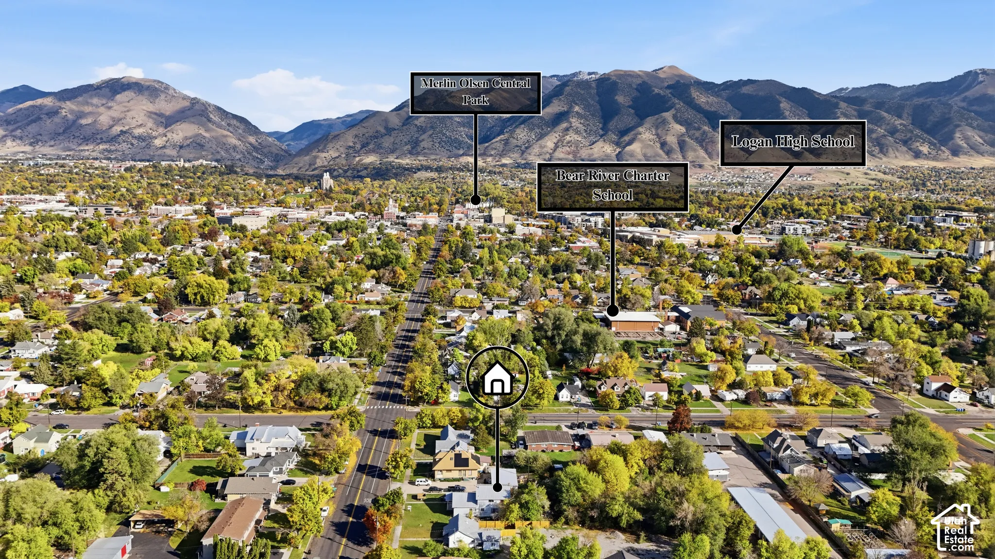 Aerial perspective of the property grounds featuring mature canopy trees, street frontage, and mountain range scenery