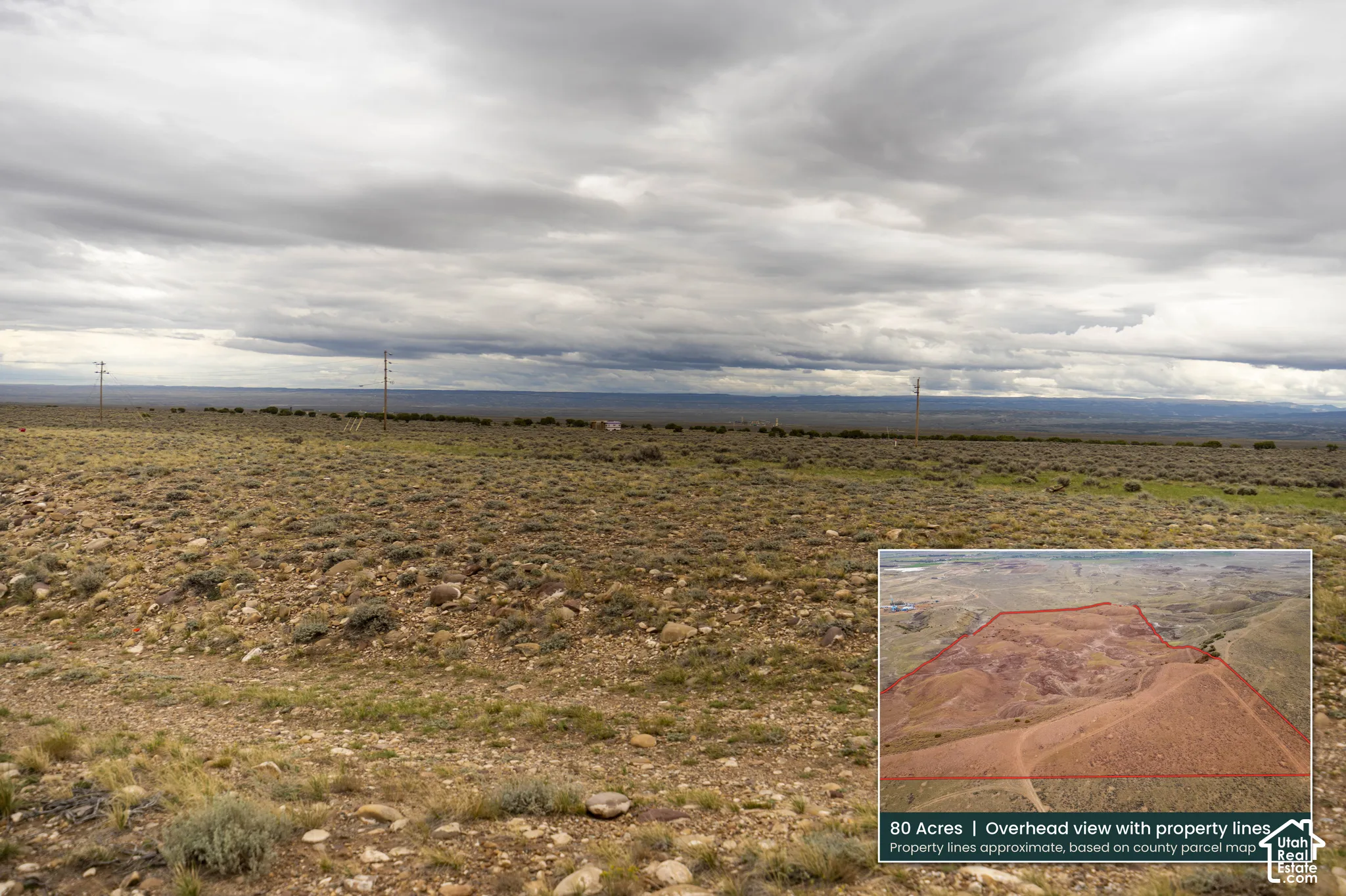 Eighty-acre parcel featuring native high-desert vegetation, rocky terrain, and expansive horizon