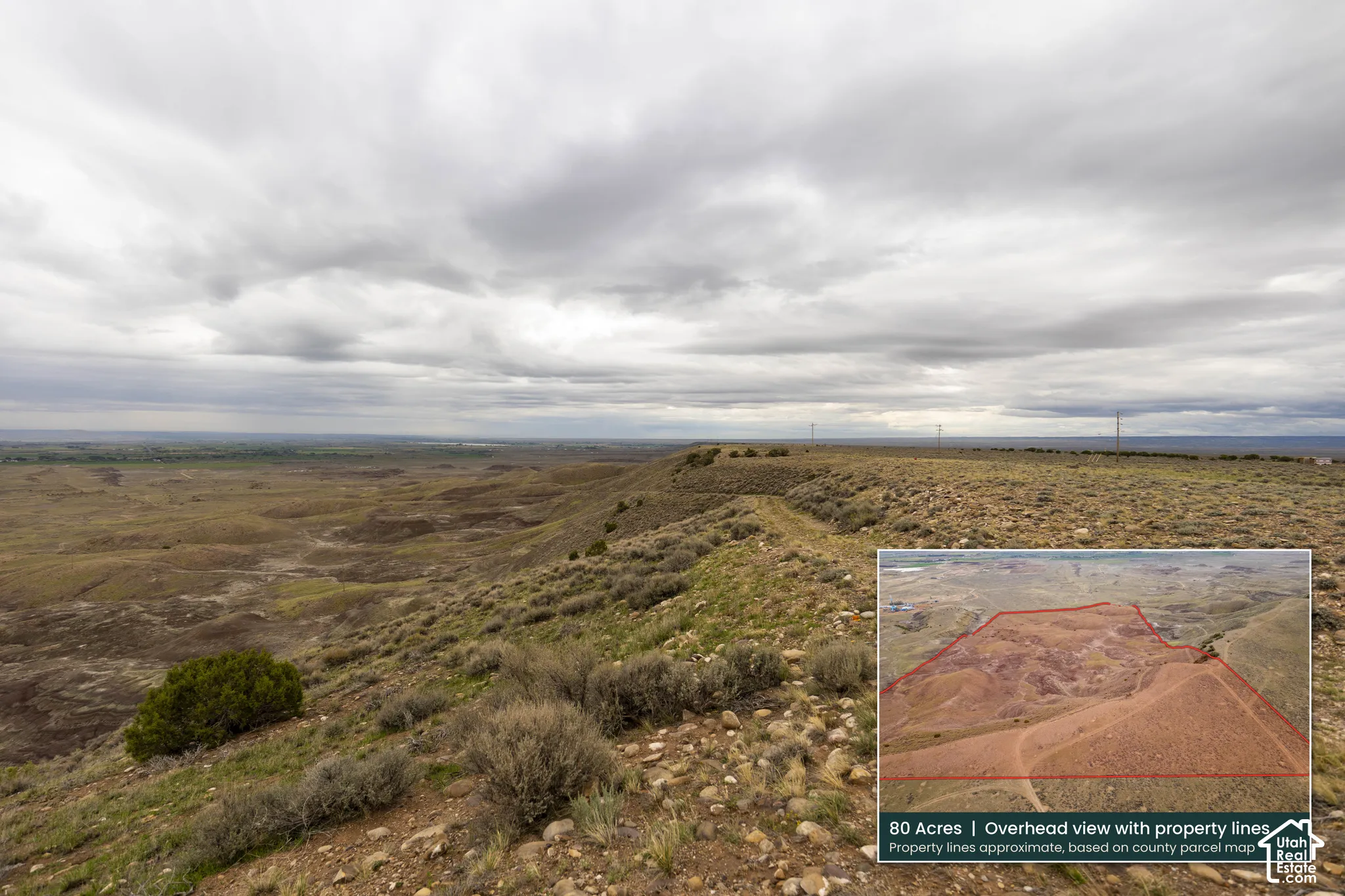 Eighty-acre parcel featuring natural desert topography, rolling terrain, native vegetation, and a ridgeline landscape