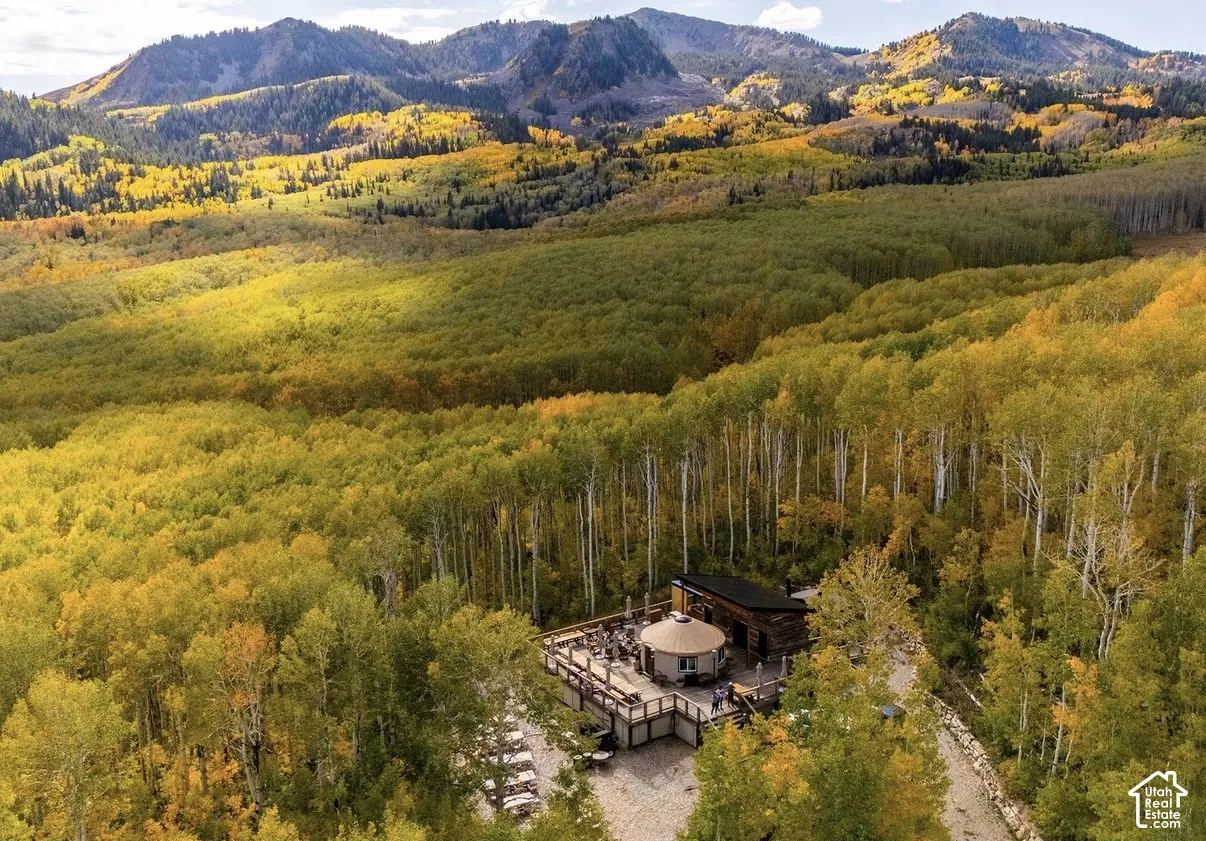 Expansive property set among dense forest, featuring a structure with a circular roof section, extensive wooden decking, and mountain scenery