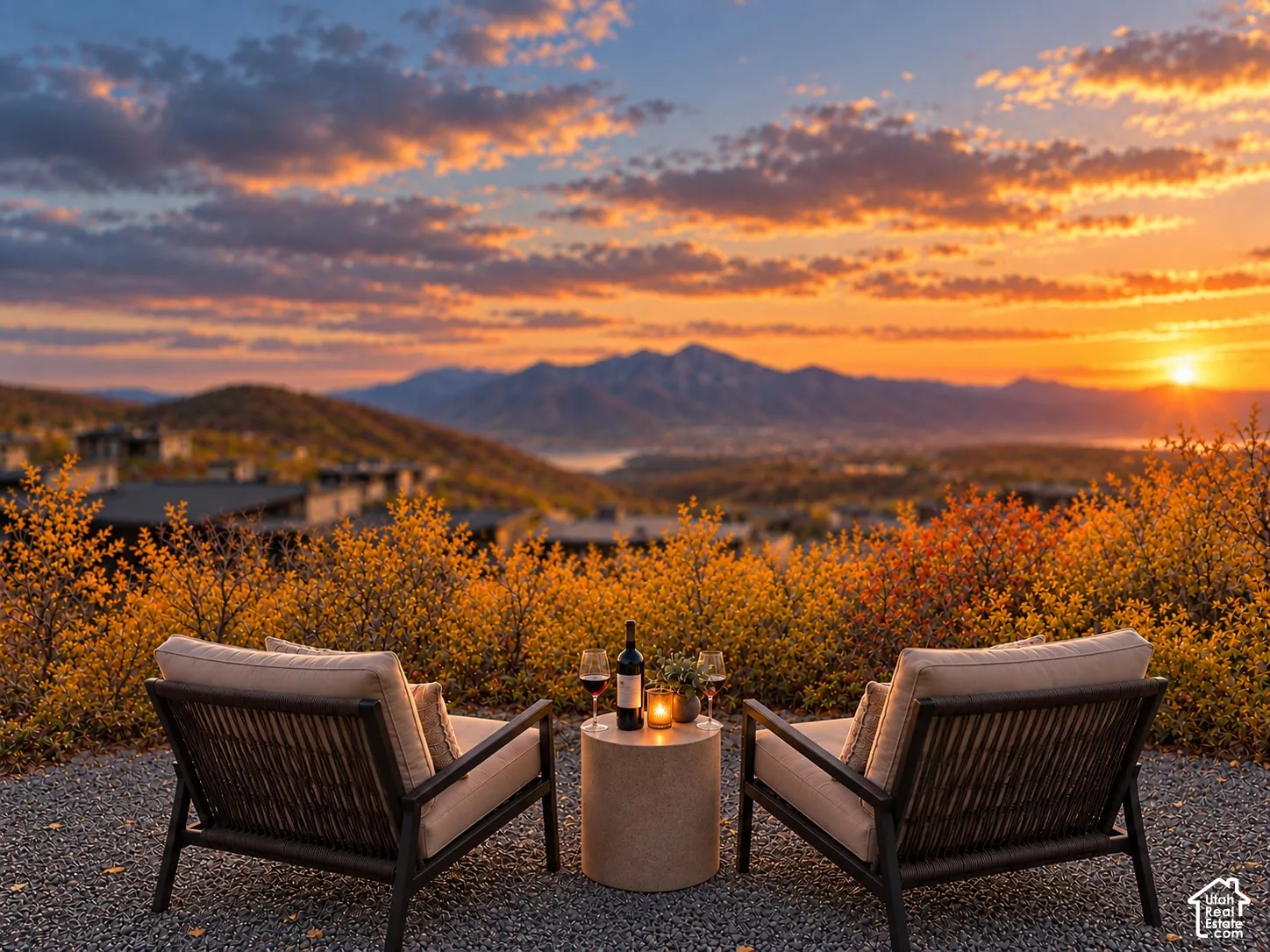Gravel-surfaced patio featuring natural landscaping, prominent mountain topography, and sunset-lit horizon