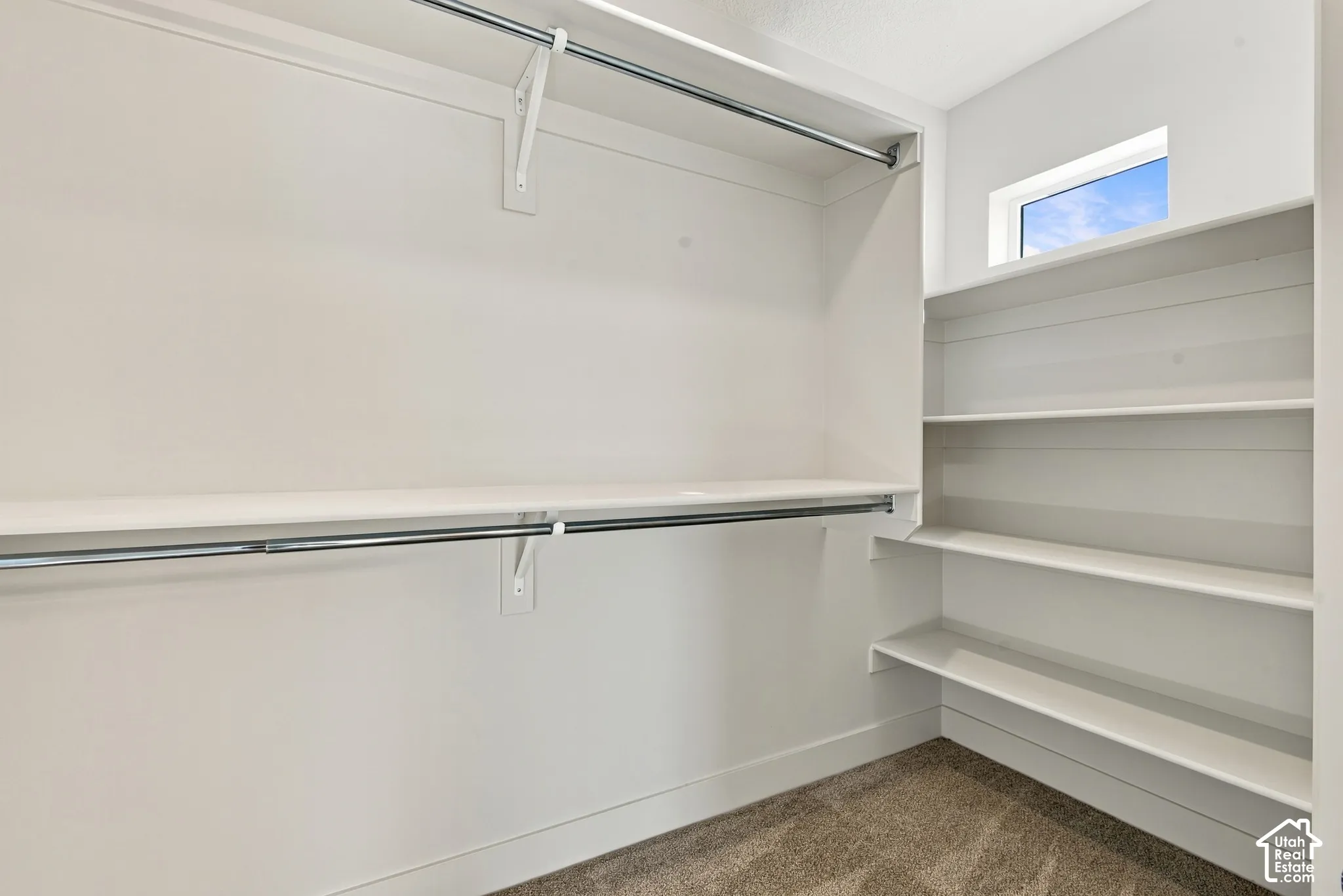 Walk-in closet featuring dual-level hanging rods, integrated white shelving, neutral carpeting, and a rectangular window