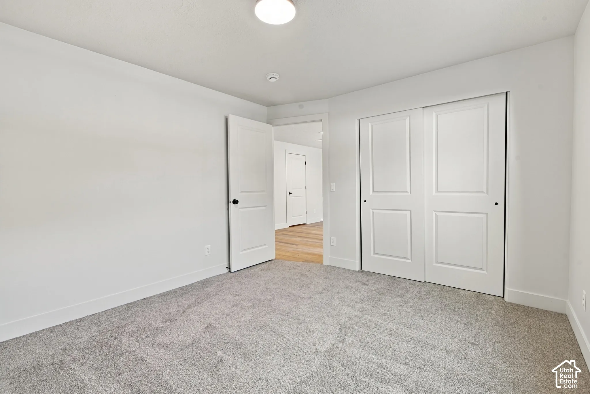 Neutral-toned carpeting, white two-panel interior doors, and a double-door sliding closet