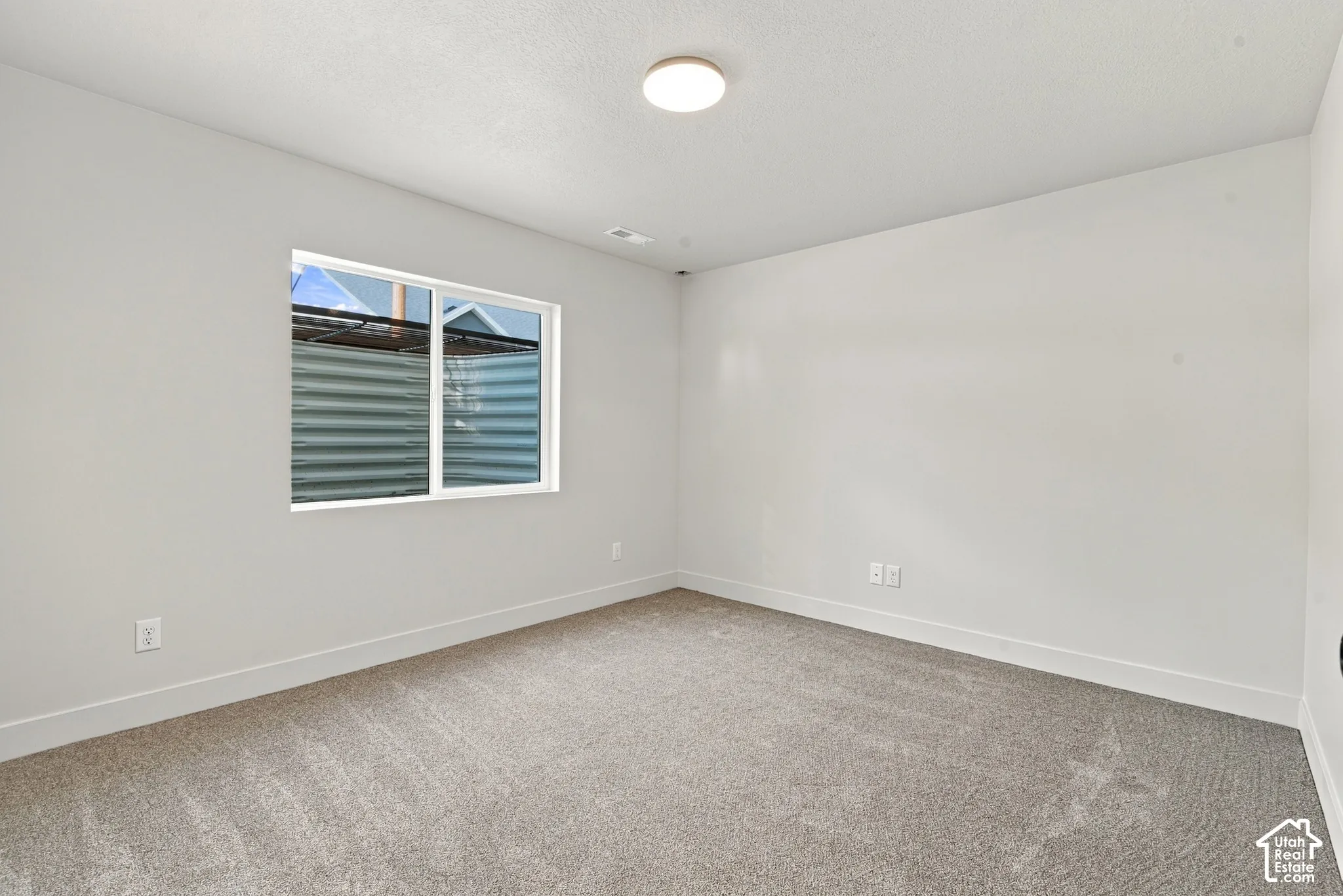 Neutral-toned carpeted flooring, white wall finishes, and a single-pane sliding window with integrated overhead lighting fixture