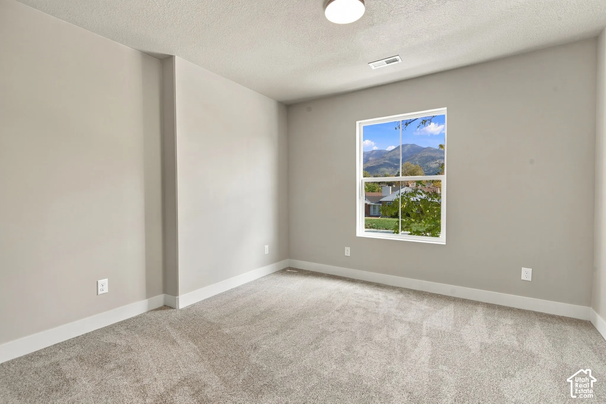 Neutral-toned interior room featuring wall-to-wall carpeting, a single-pane window, and mountain scenery