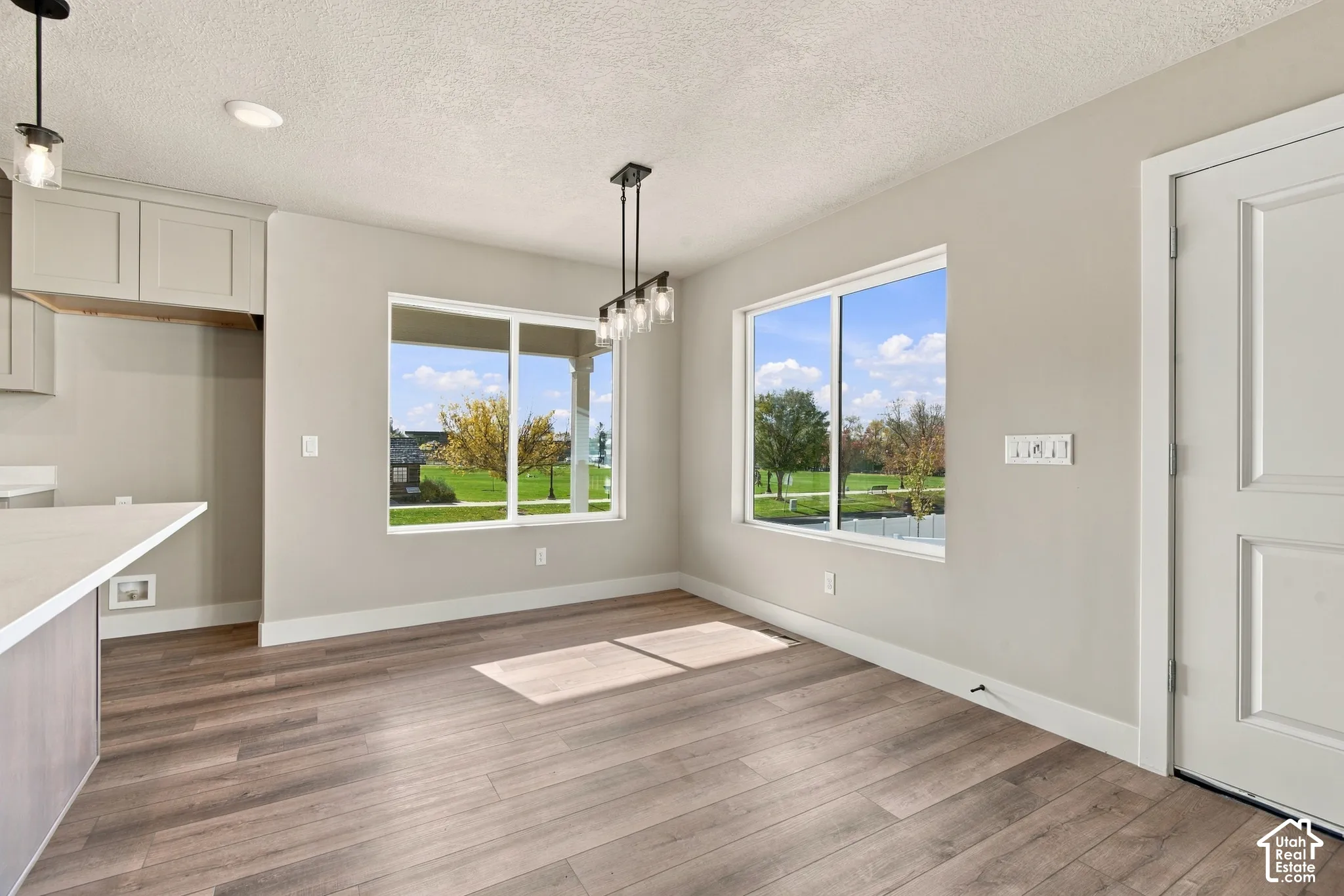 Wood-finish flooring, dual sliding windows, neutral wall paint, and multi-light pendant chandelier