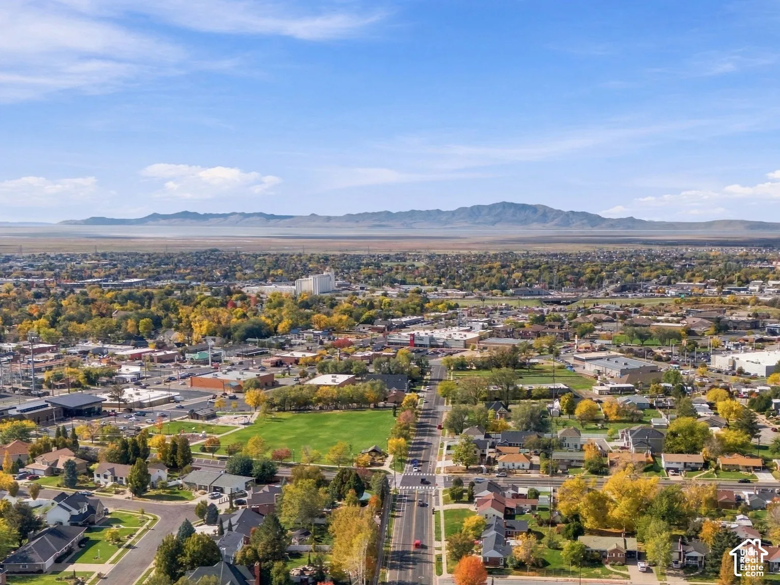 Aerial perspective featuring a gridded street network, mature deciduous canopy, and expansive mountain range backdrop