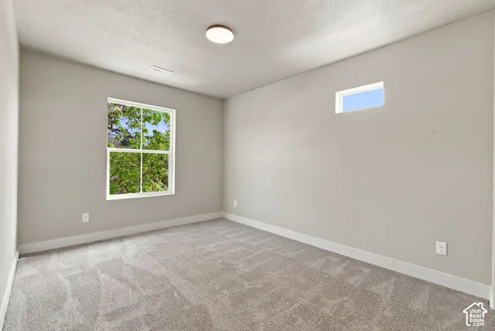 Neutral-toned room featuring neutral-toned carpeting, a dual-pane window, a high-set transom window, and a flush-mount ceiling fixture