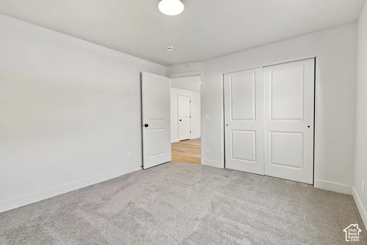 Neutral-toned carpeting, white two-panel interior doors, and a double-door sliding closet