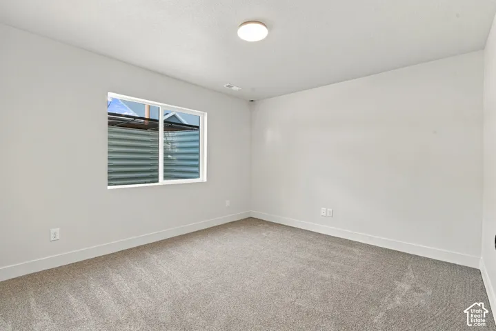 Neutral-toned carpeted flooring, white wall finishes, and a single-pane sliding window with integrated overhead lighting fixture