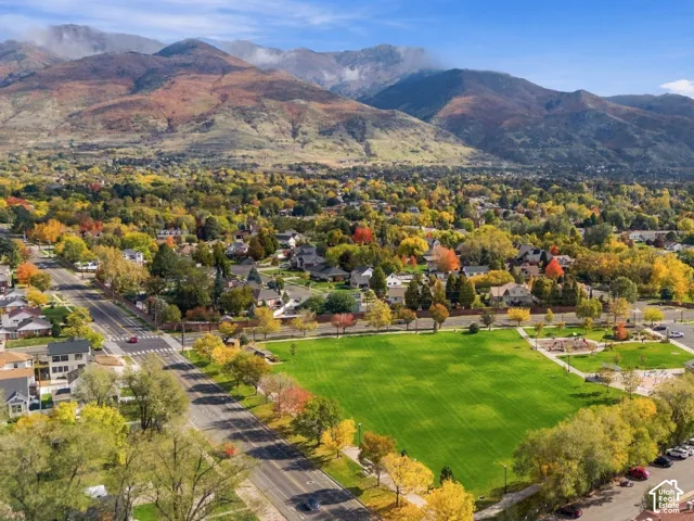 Aerial perspective of a neighborhood featuring a large central grass field, mature deciduous trees, asphalt roadway infrastructure, and a backdrop of mountain terrain
