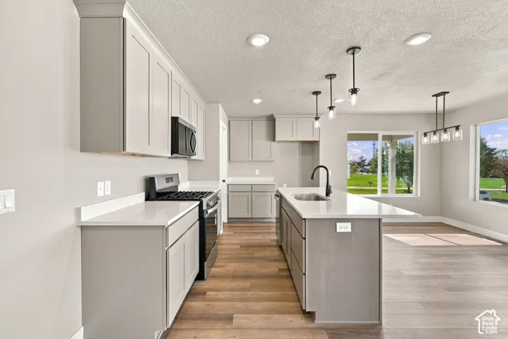 Kitchen featuring shaker-style cabinetry, quartz countertops, a central island with an undermount sink and matte black faucet, and wood-finish flooring