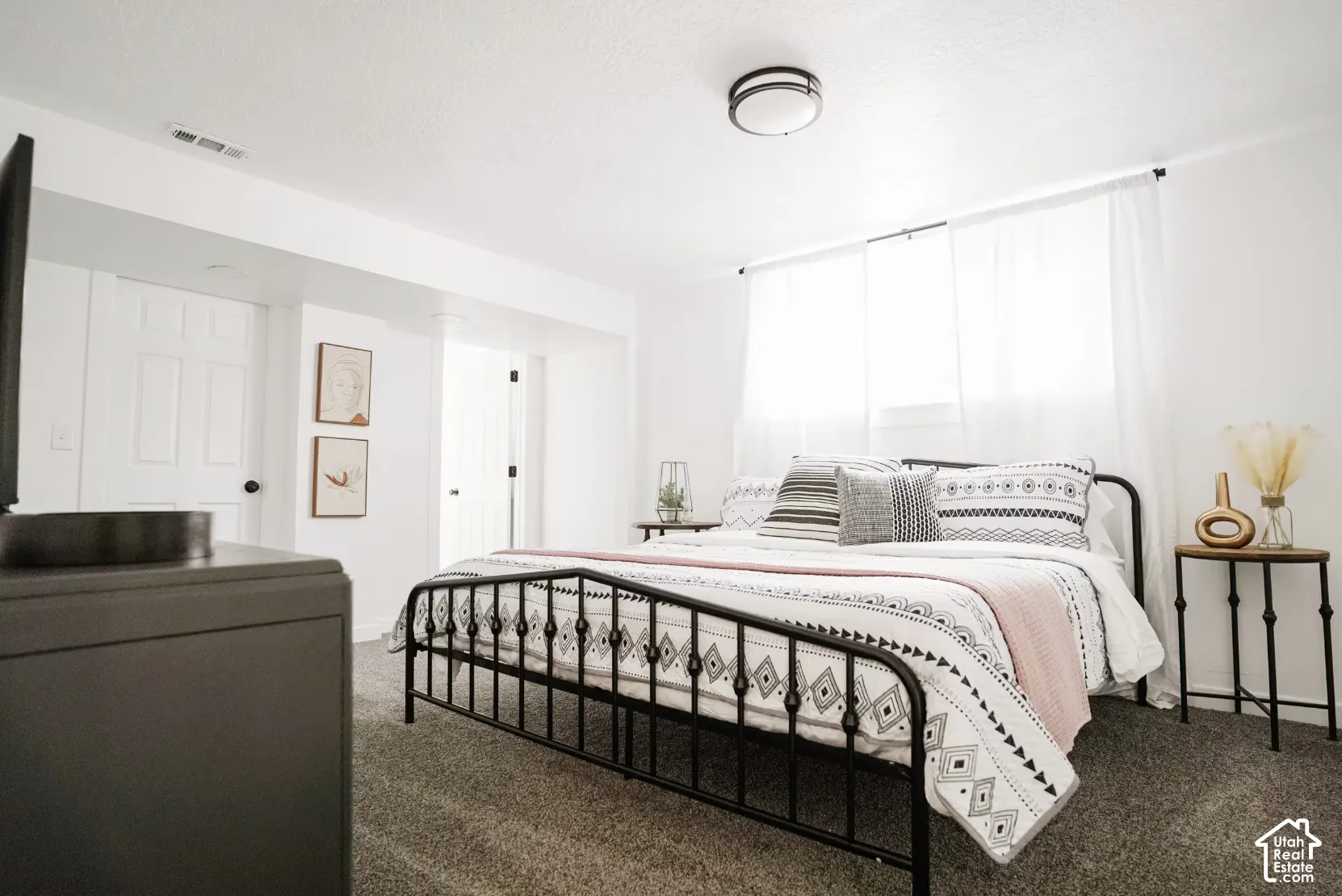 Neutral interior featuring high-pile wall-to-wall carpeting, white walls, multi-panel doors, and a flush-mount overhead light fixture