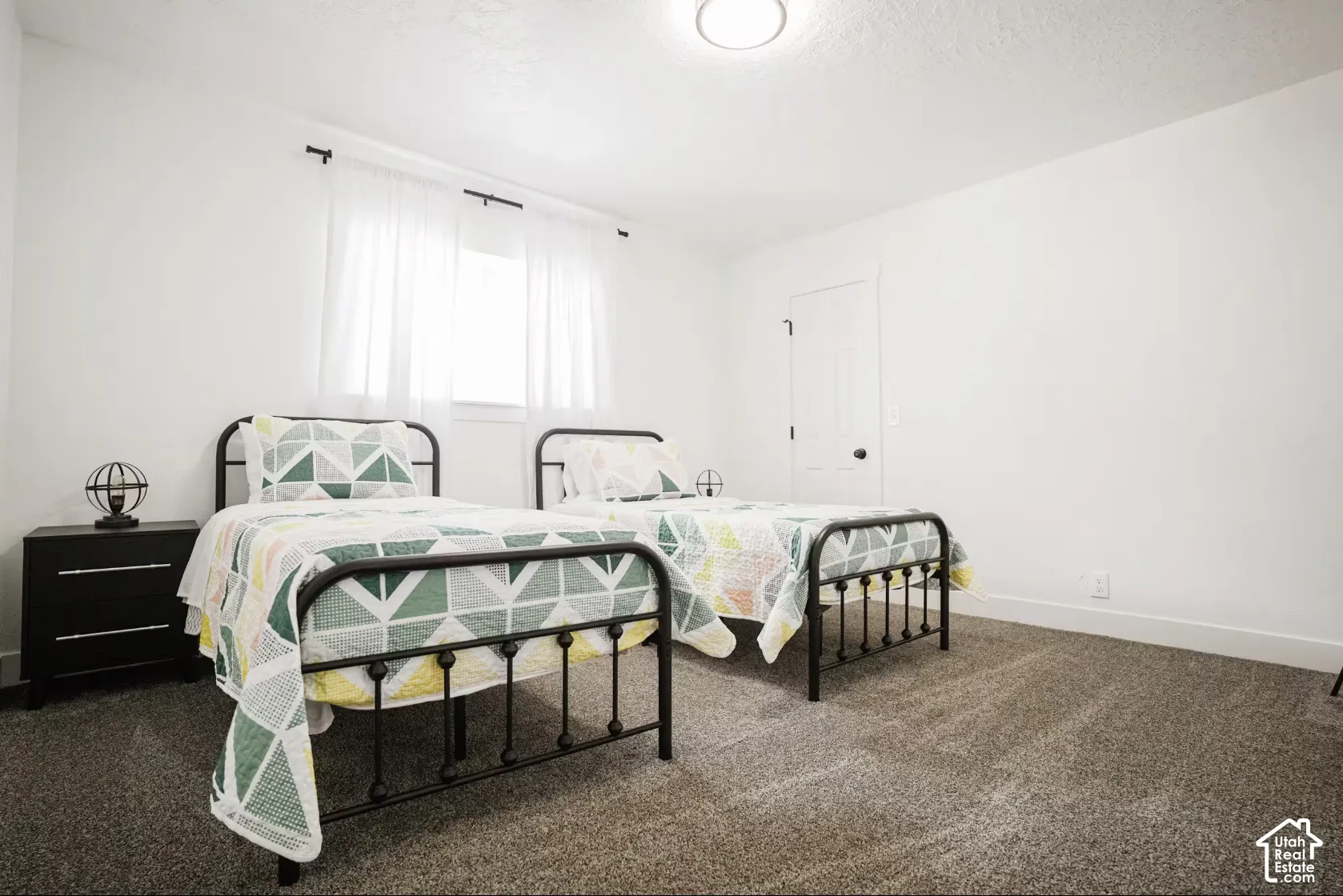 Neutral-toned carpeted flooring, white wall finishes, flush-mount ceiling lighting, a single-panel interior door, and a horizontal window with a black curtain rod